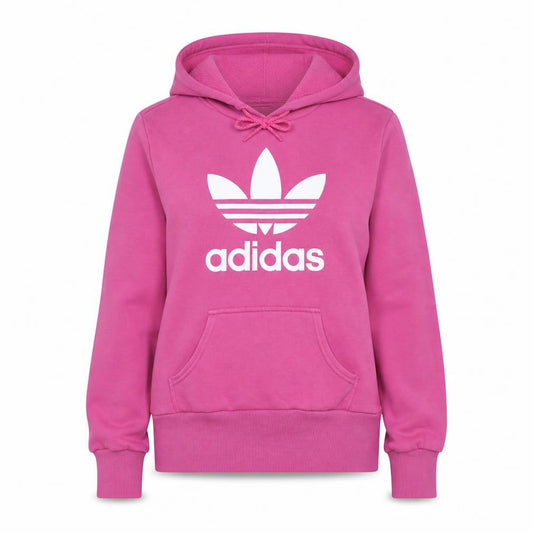 Front view of Adidas women’s pink hoodie, size UK 12, pullover hooded sweatshirt
