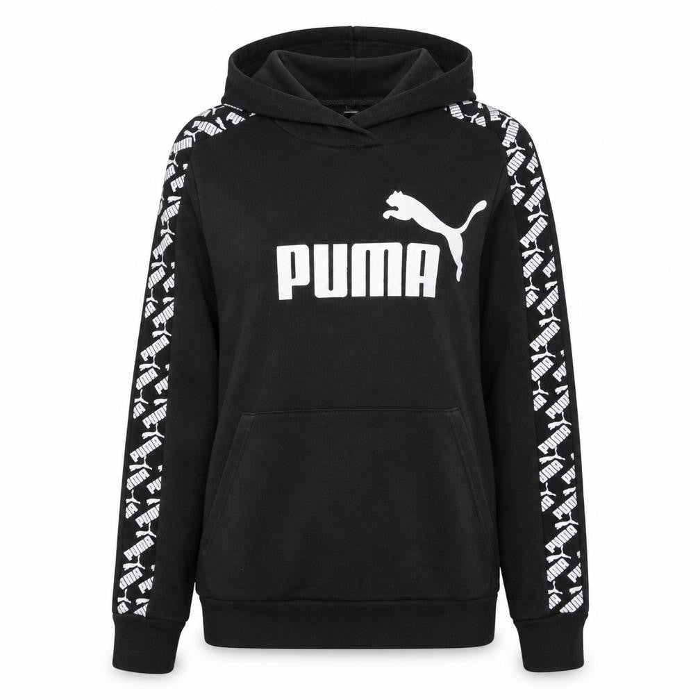 Front view of Puma Women's Black Pullover Hoodie Sweatshirt, size L, Logo Design