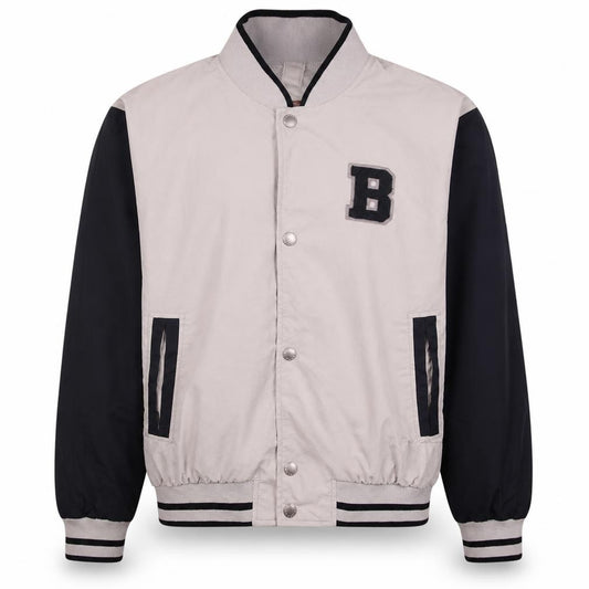 Front view of Brugi boys’ beige & black varsity style sweatshirt s full snap jacket