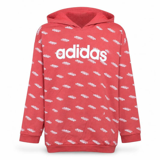 Front view of Adidas women’s red hooded pullover sweatshirt l 16-18 logo print