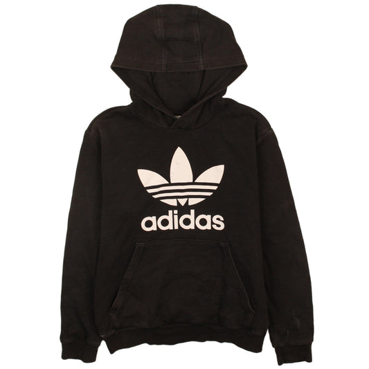 Adidas Boys Black Pullover Hoodie L 13-14 Years Logo Print Cotton Blend