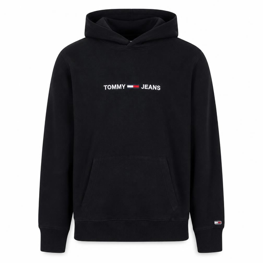 Front view of Tommy Jeans men’s black pullover hoodie s embroidered logo