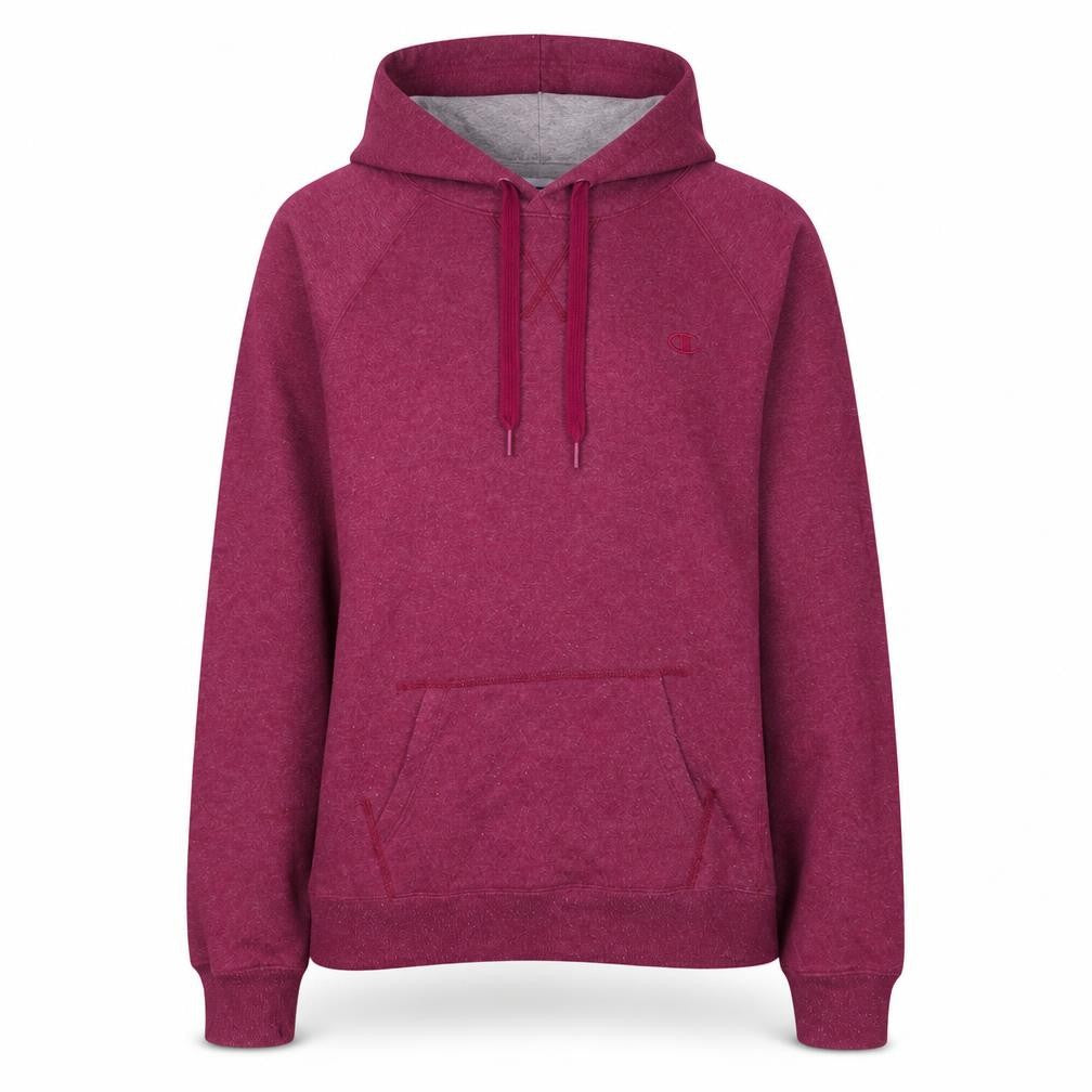 Front view of Champion women’s burgundy hoodie l pullover hooded sweatshirt
