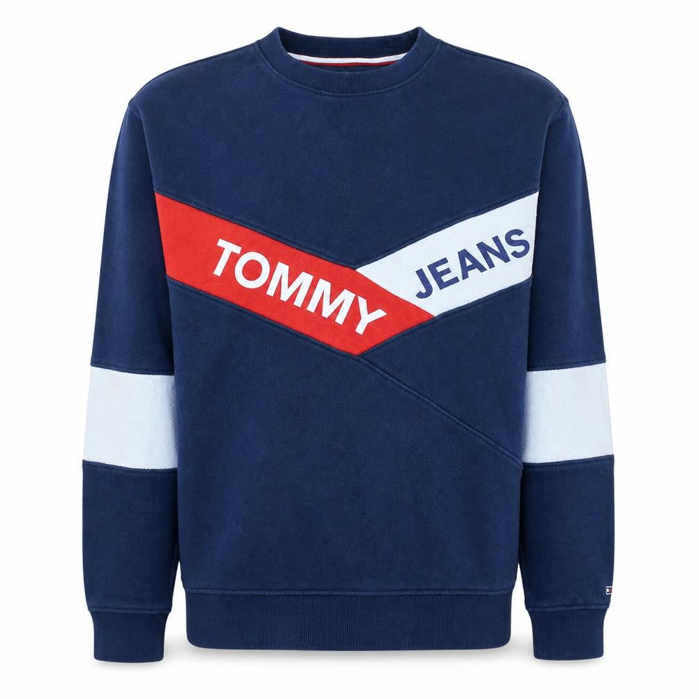 Front view of Tommy Jeans Men's Blue Pullover Sweatshirt, size S, Logo Retro Style