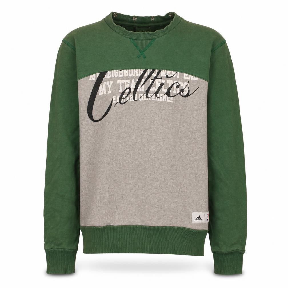Front view of Adidas men’s green celtics pullover sweatshirt, size M, crew neck
