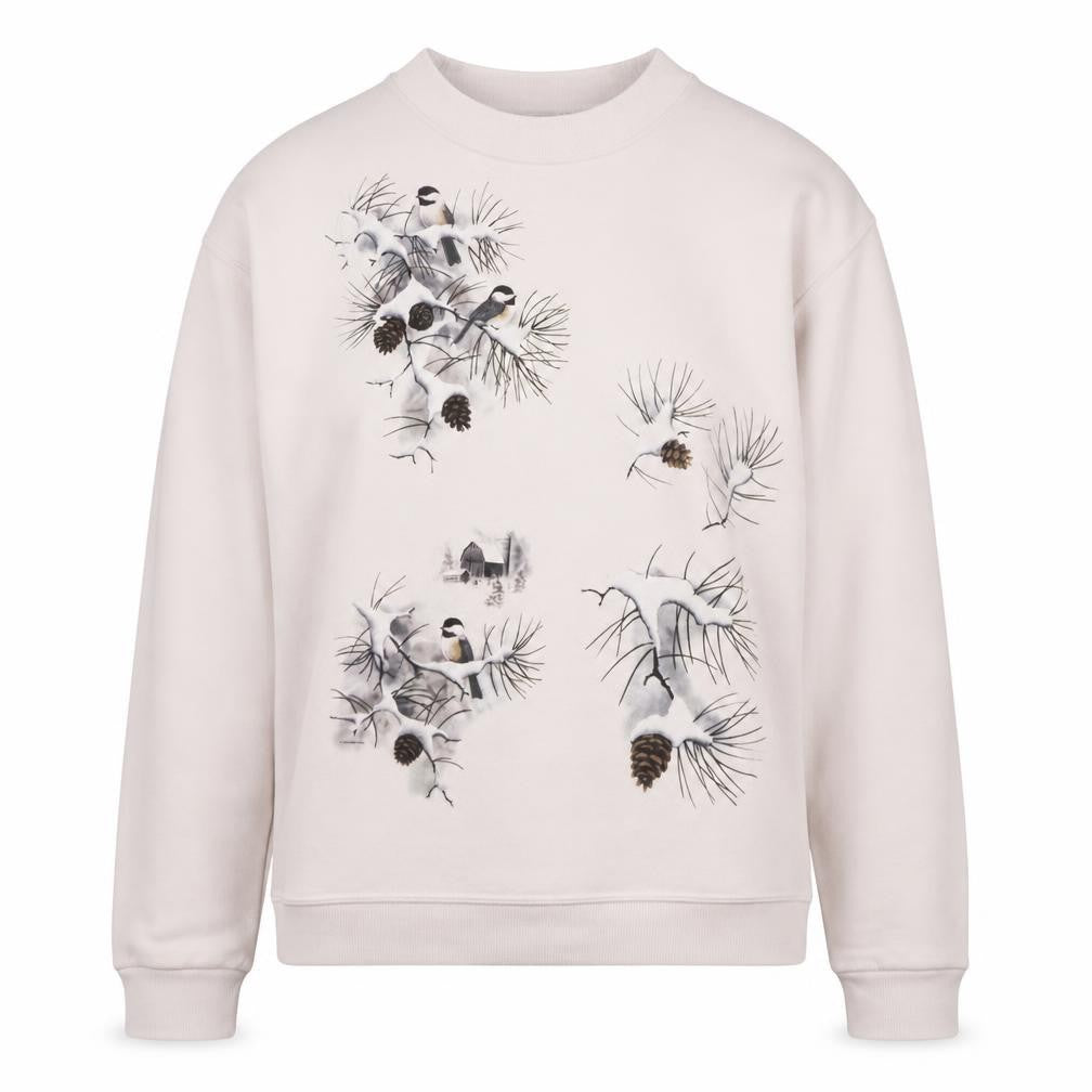 Front view of Jerzees women’s beige bird print pullover sweatshirt m