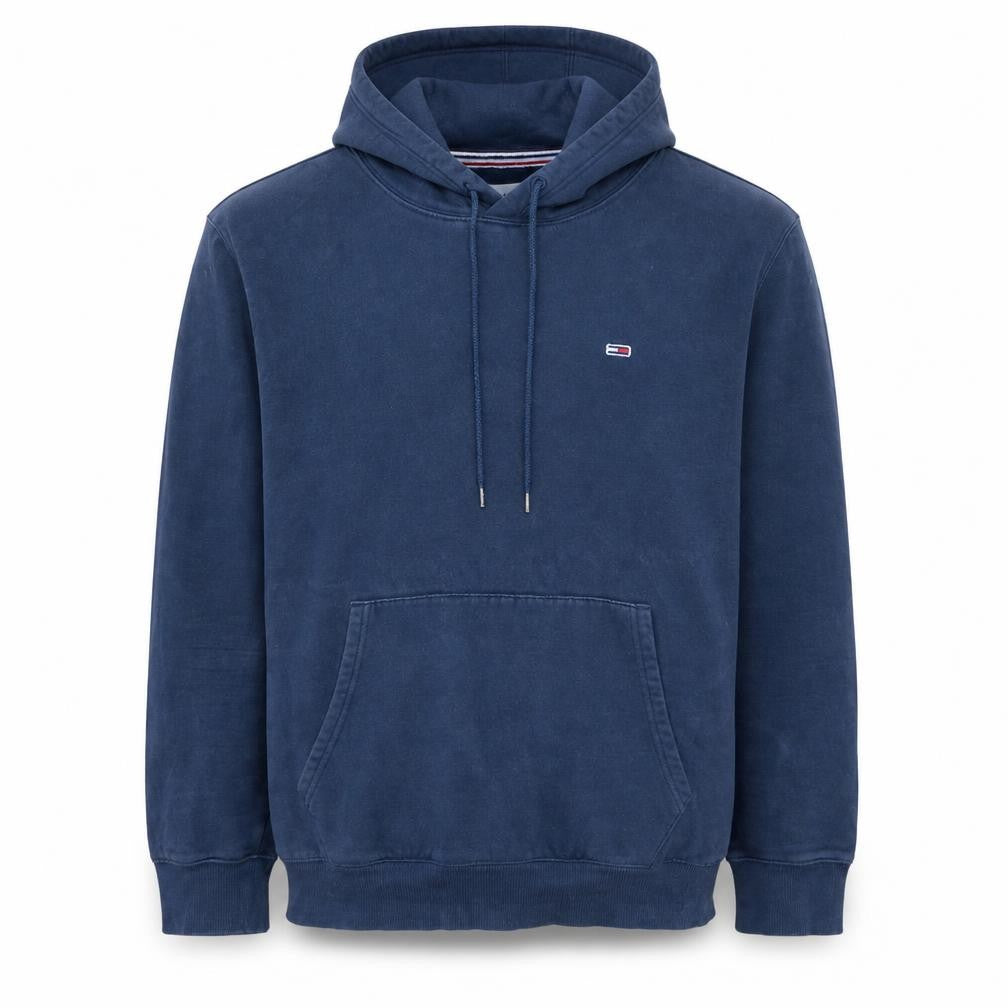 Front view of Tommy Jeans men’s blue pullover hoodie, size L, logo casual sweatshirt