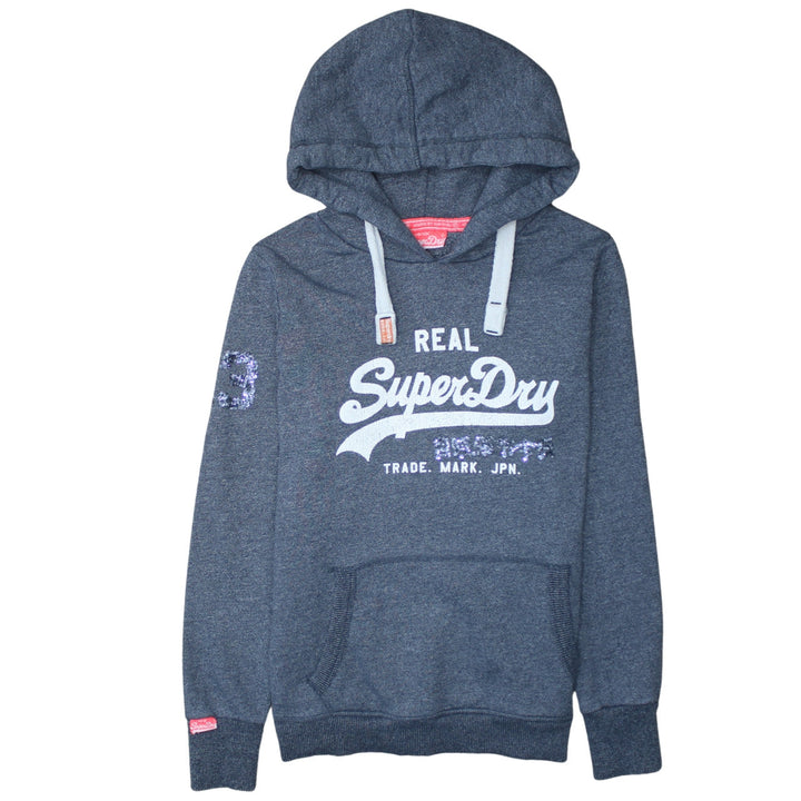 Superdry Women Grey Sequin Logo Pullover Hoodie Size M