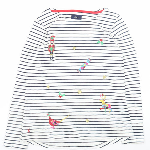 Joules Women’s White Striped Embroidered Long Sleeve Cotton T-Shirt Size 12