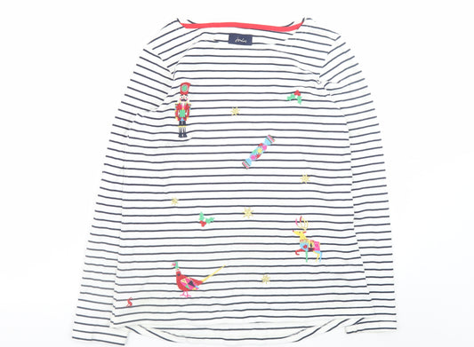 Joules Women’s White Striped Embroidered Long Sleeve Cotton T-Shirt Size 12