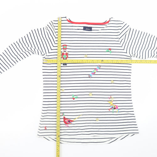 Joules Women’s White Striped Embroidered Long Sleeve Cotton T-Shirt Size 12