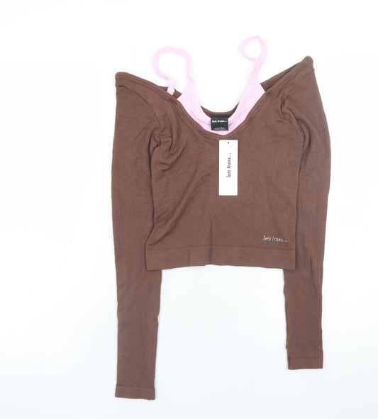 iets frans Women's Brown Cropped Off Shoulder Long Sleeve T-Shirt XS