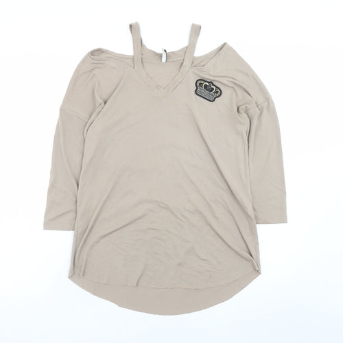 Stradivarius Women’s Beige Cold Shoulder V-Neck 3/4 Sleeve T-Shirt Size 8