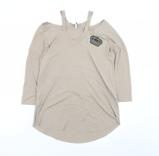 Stradivarius Women’s Beige Cold Shoulder V-Neck 3/4 Sleeve T-Shirt Size 8