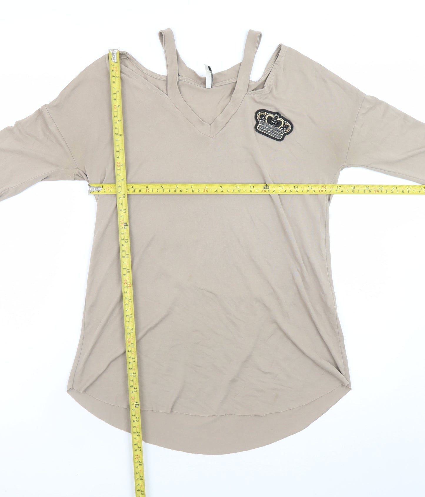 Stradivarius Women’s Beige Cold Shoulder V-Neck 3/4 Sleeve T-Shirt Size 8