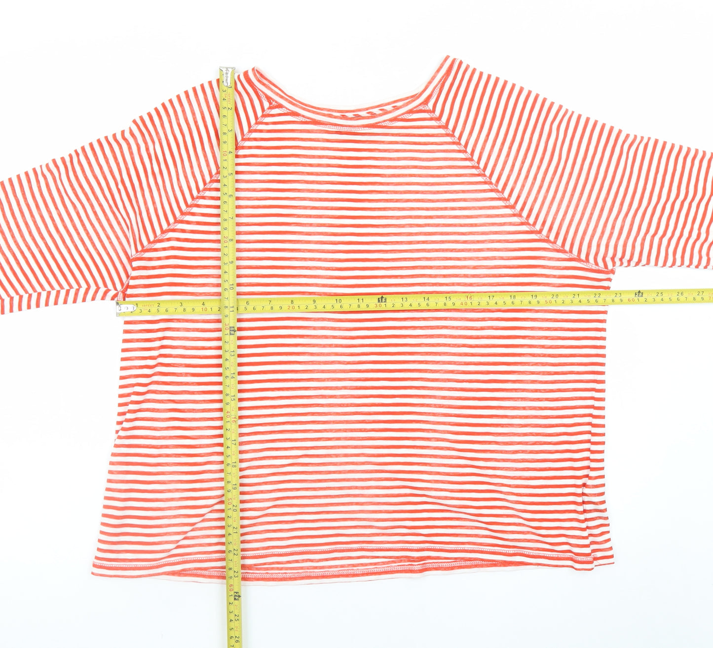 Marks and Spencer Women Red Striped 3/4 Sleeve Cotton T-Shirt Size 16