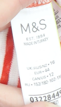 Marks and Spencer Women Red Striped 3/4 Sleeve Cotton T-Shirt Size 16