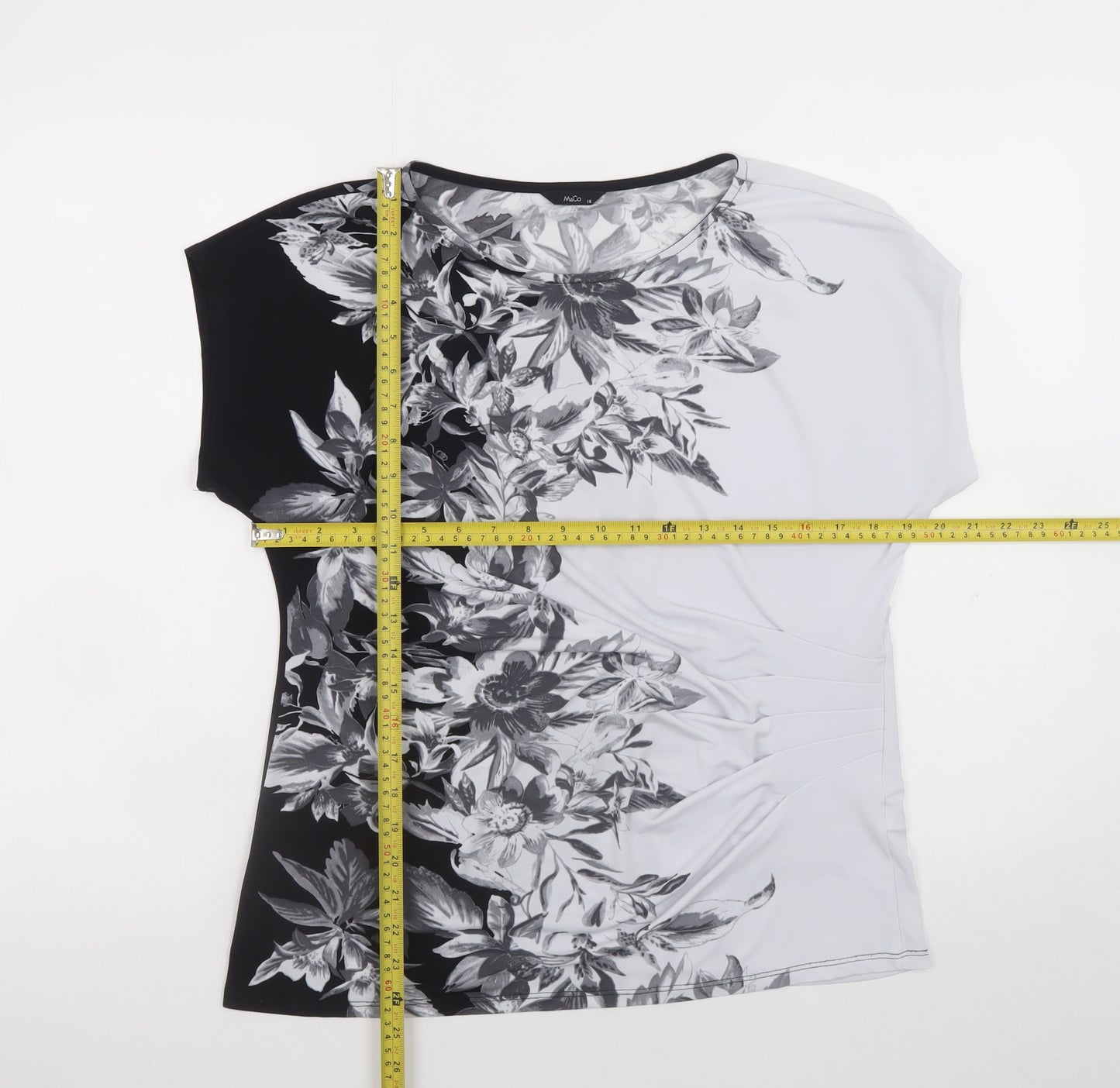 M&Co Womens Black Floral Print Stretch Jersey T-Shirt Size 16