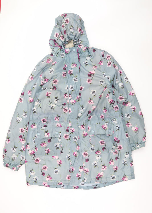 Cotton Traders Women’s Blue Floral Waterproof Hooded Rain Coat Size 16