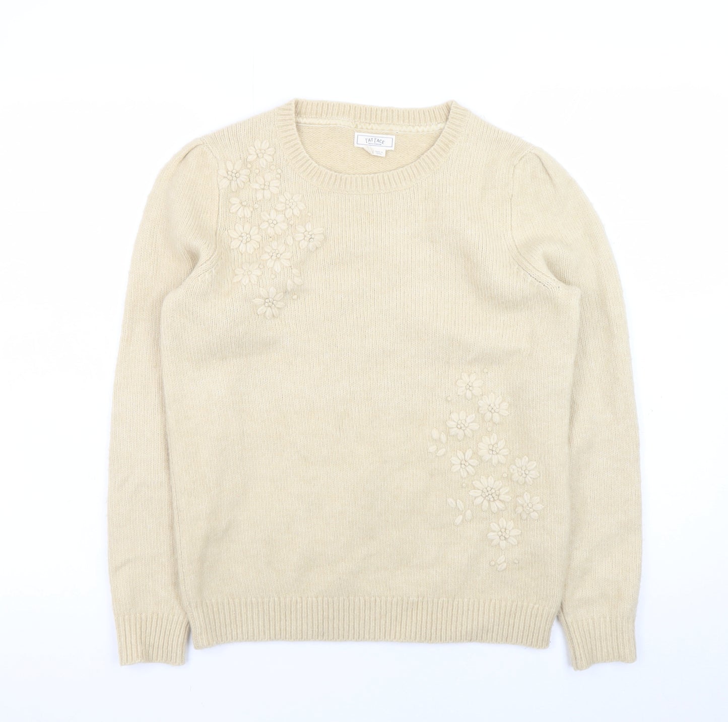 Fat Face Women's Beige Embroidered Wool Blend Jumper Size 8