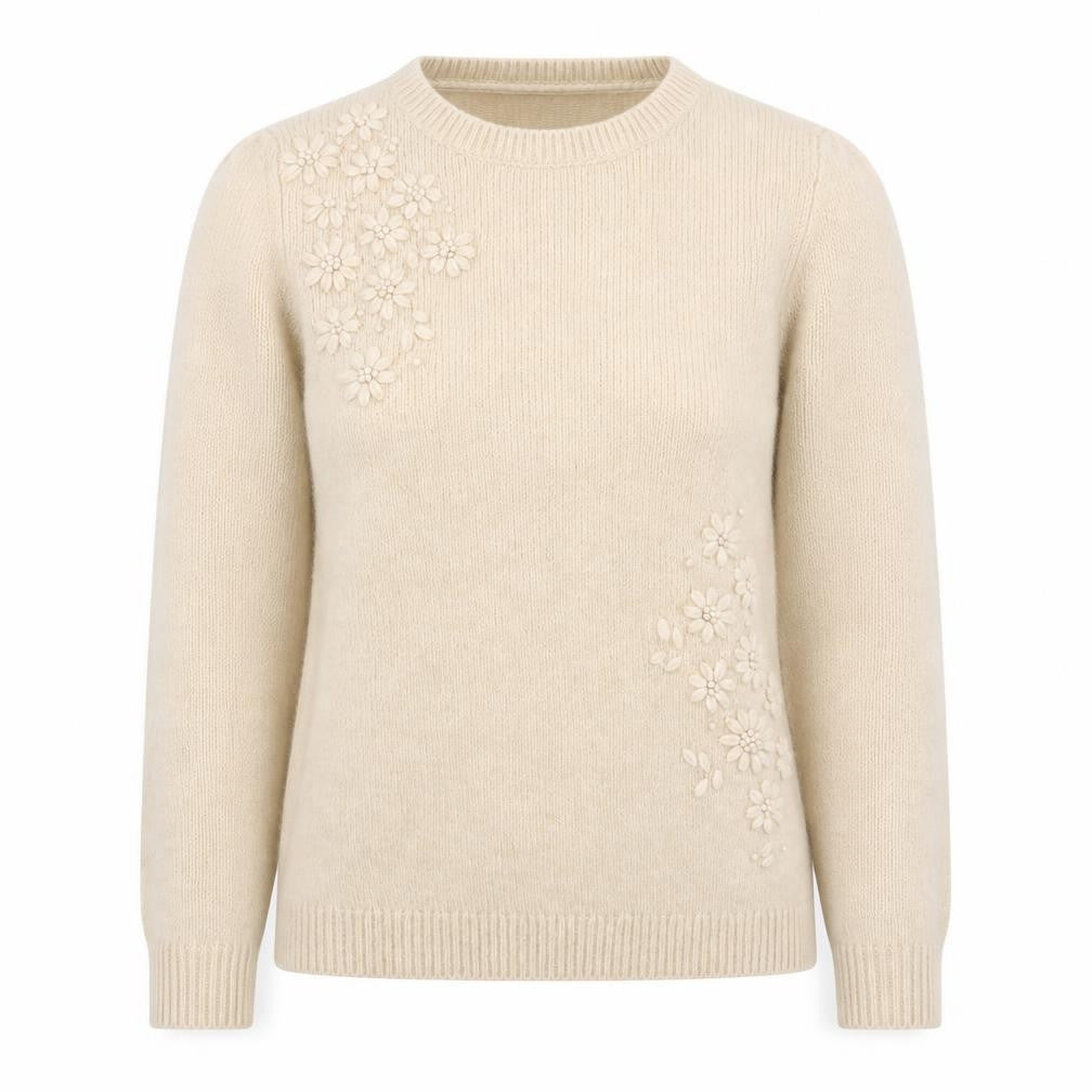 Front view of FatFace Women's Beige Embroidered Wool Blend Jumper, size 8