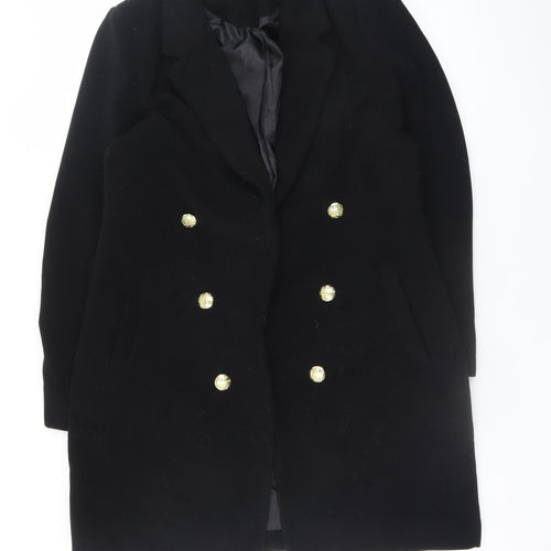 Boohoo Women’s Black Double Breasted Coat UK 12 Gold Button Smart Long