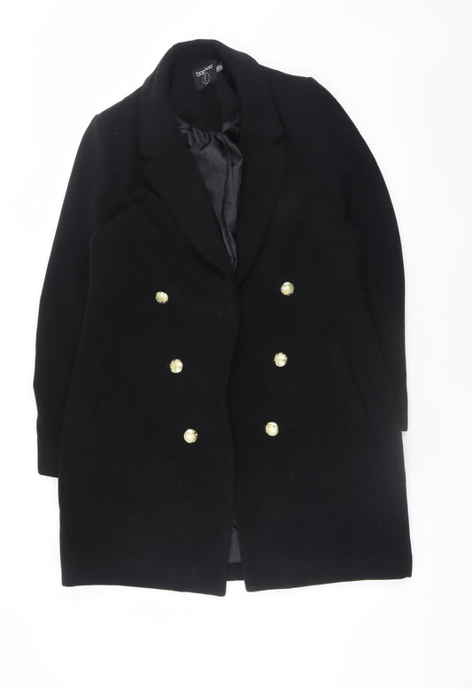 Boohoo Women’s Black Double Breasted Coat UK 12 Gold Button Smart Long