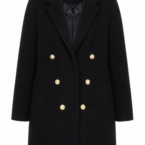 Boohoo Women’s Black Double Breasted Coat UK 12 Gold Button Smart Long