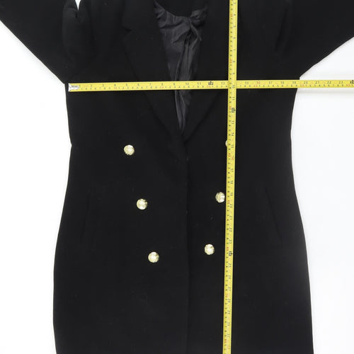 Boohoo Women’s Black Double Breasted Coat UK 12 Gold Button Smart Long