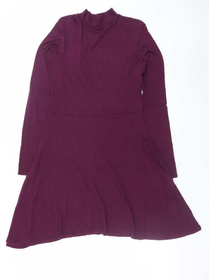 Boohoo Women's Purple Size 14 Fit & Flare High Neck Long Sleeve Dress