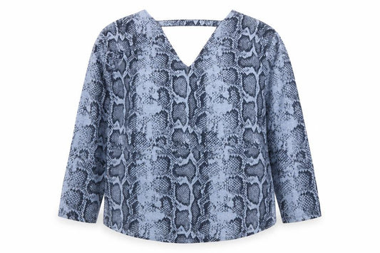 Front view of Next Women Blue Animal Print V-Neck Long Sleeve Blouse, size 14