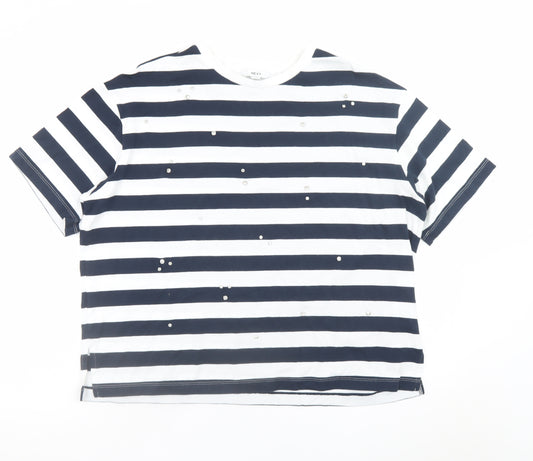 Next Womens Blue White Striped Sequin Cotton T-Shirt Size 16