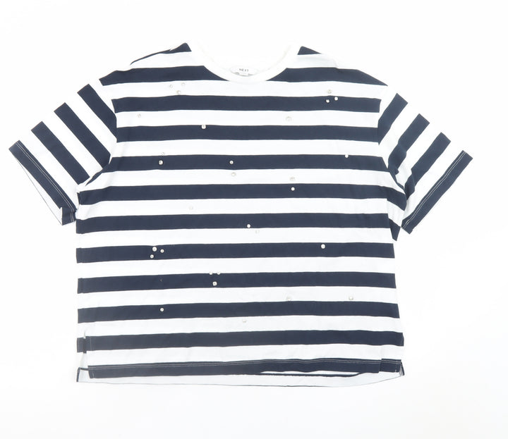 Next Womens Blue White Striped Sequin Cotton T-Shirt Size 16