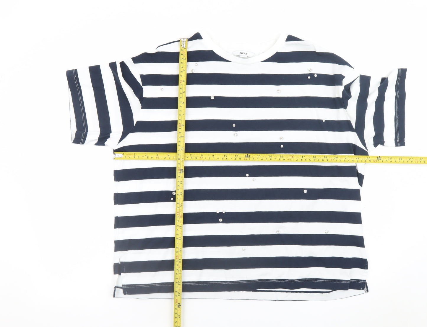 Next Womens Blue White Striped Sequin Cotton T-Shirt Size 16