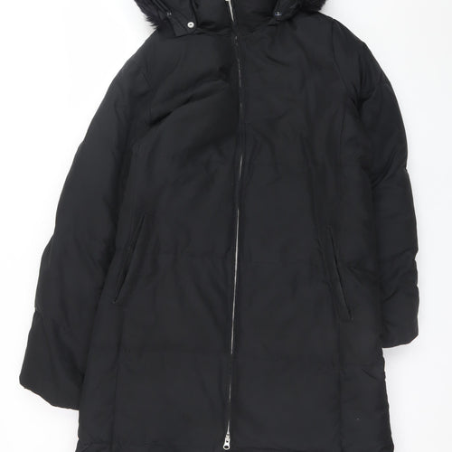 GAP Womens Black Long Puffer Coat L Hooded Faux Fur Trim Winter Jacket