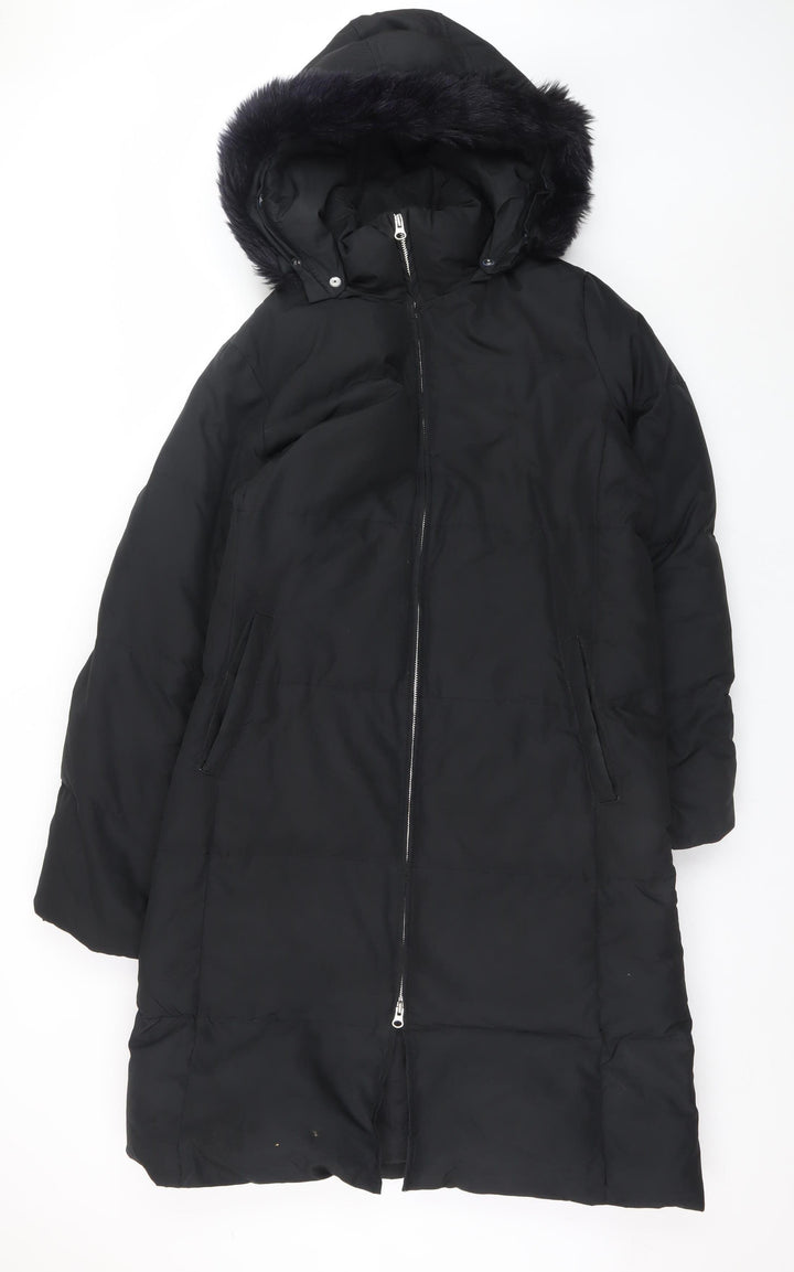 GAP Womens Black Long Puffer Coat L Hooded Faux Fur Trim Winter Jacket