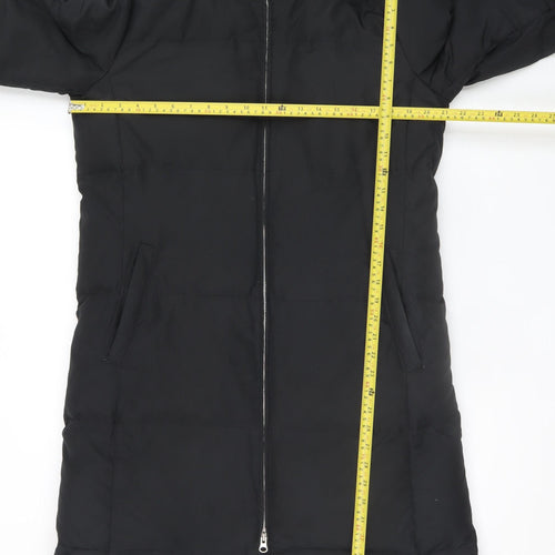 GAP Womens Black Long Puffer Coat L Hooded Faux Fur Trim Winter Jacket