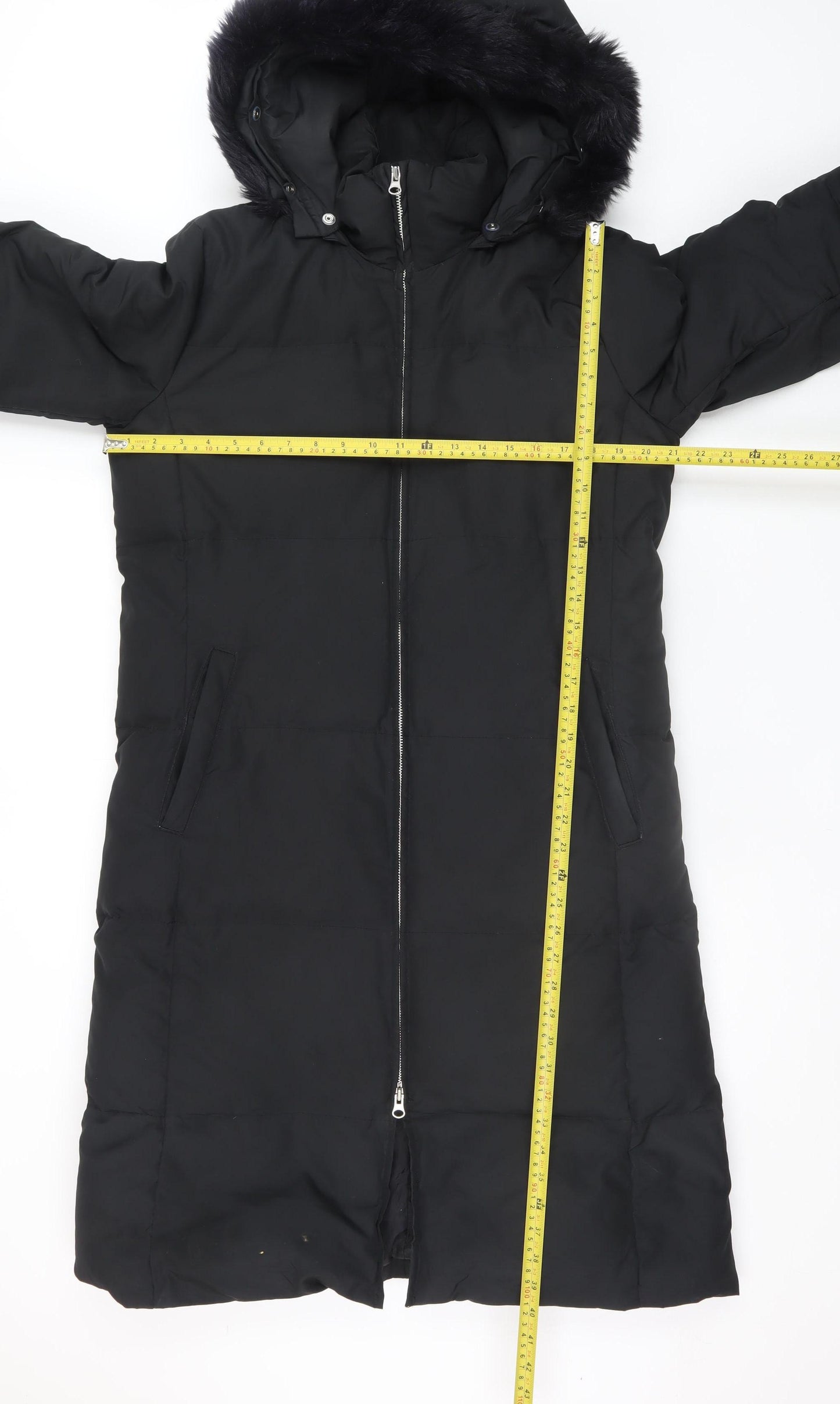 GAP Womens Black Long Puffer Coat L Hooded Faux Fur Trim Winter Jacket