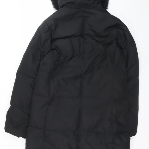 GAP Womens Black Long Puffer Coat L Hooded Faux Fur Trim Winter Jacket