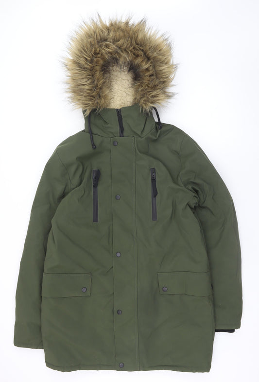 New Look Men Green Hooded Parka Coat S Regular Fit
