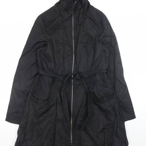 Wallis Women’s Black Long Trench Coat Size 14 Belted Zip Cotton Blend