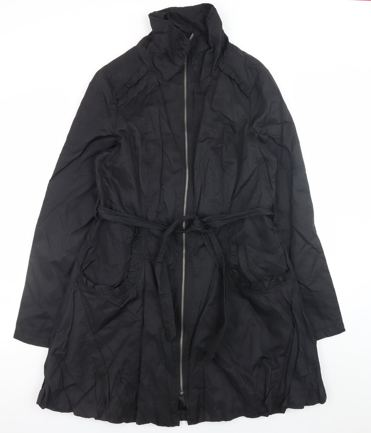 Wallis Women’s Black Long Trench Coat Size 14 Belted Zip Cotton Blend