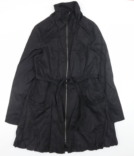 Wallis Women’s Black Long Trench Coat Size 14 Belted Zip Cotton Blend