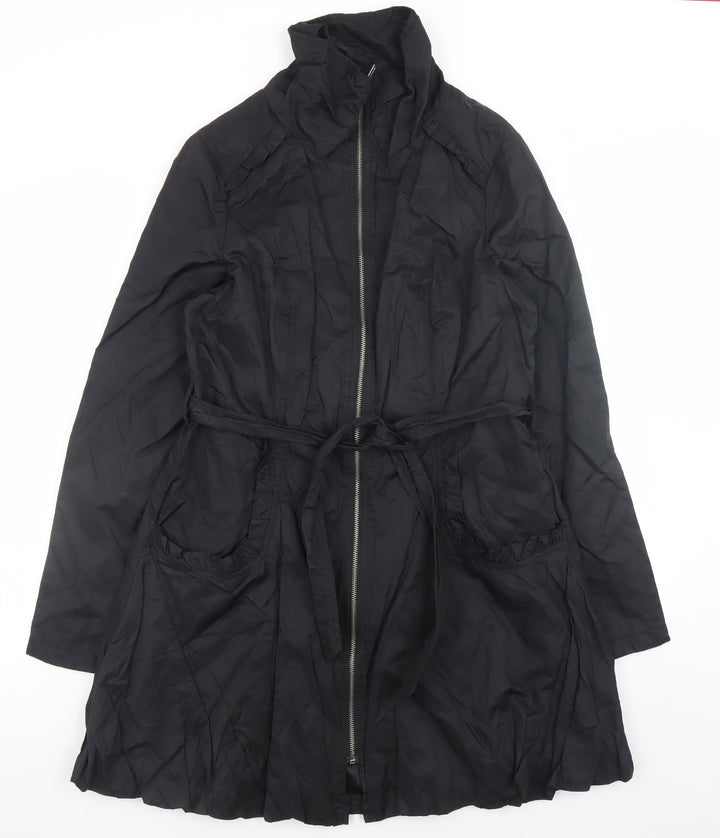 Wallis Women’s Black Long Trench Coat Size 14 Belted Zip Cotton Blend