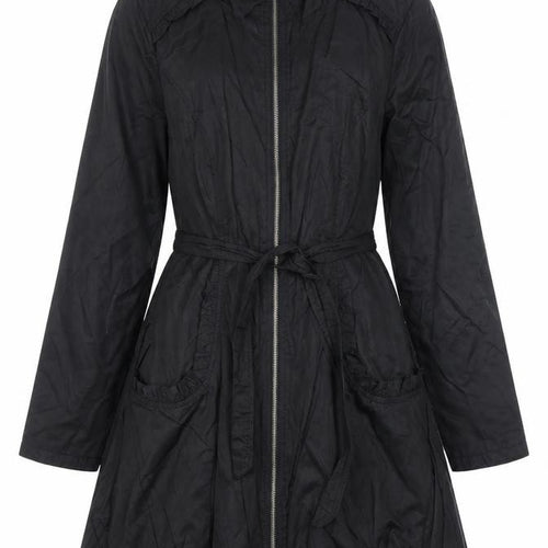 Wallis Women’s Black Long Trench Coat Size 14 Belted Zip Cotton Blend