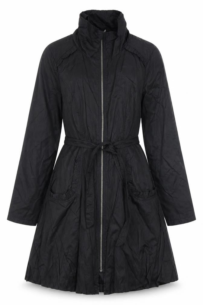 Wallis Women’s Black Long Trench Coat Size 14 Belted Zip Cotton Blend