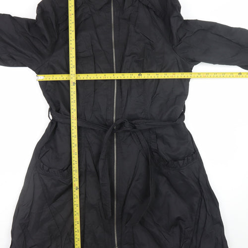 Wallis Women’s Black Long Trench Coat Size 14 Belted Zip Cotton Blend