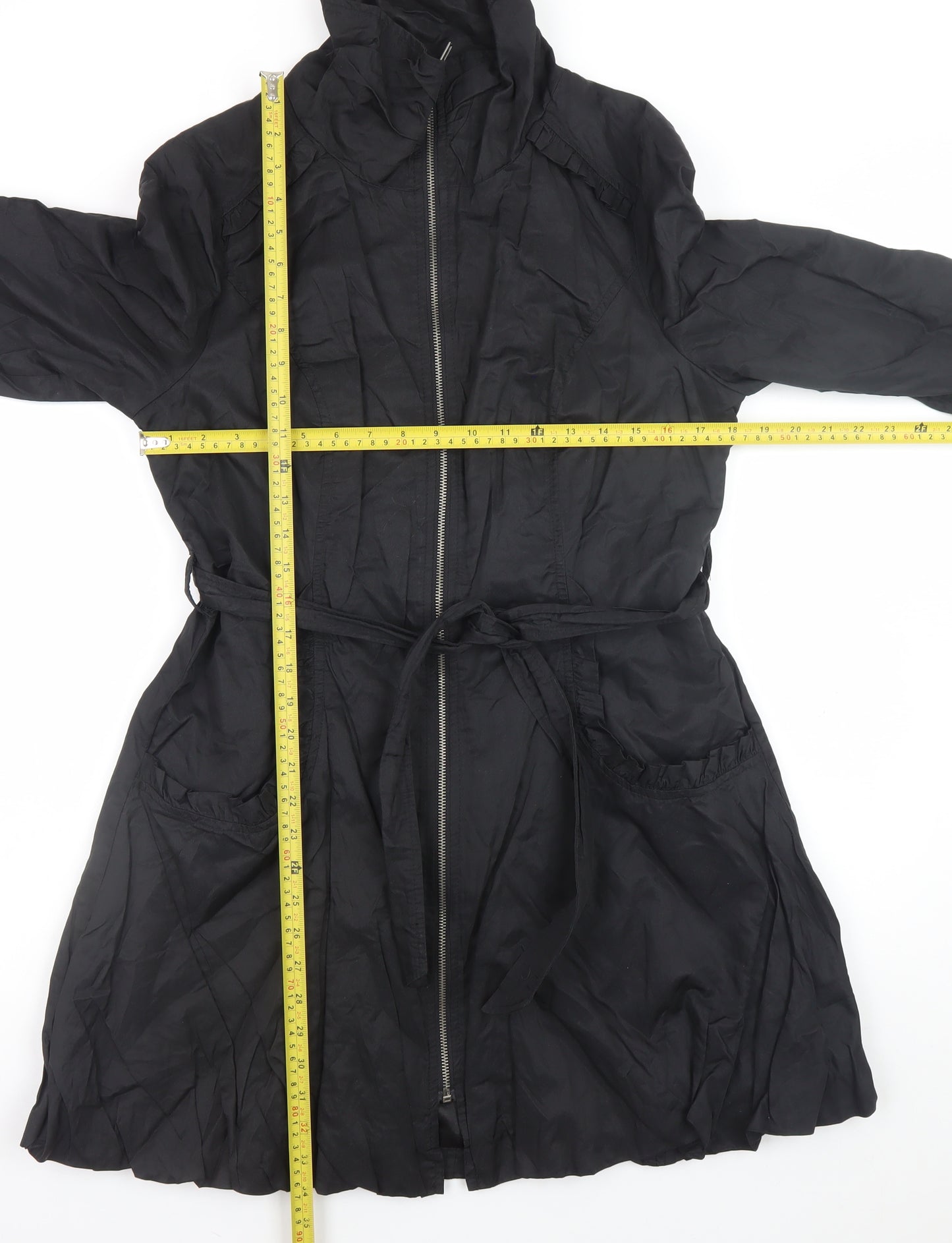 Wallis Women’s Black Long Trench Coat Size 14 Belted Zip Cotton Blend