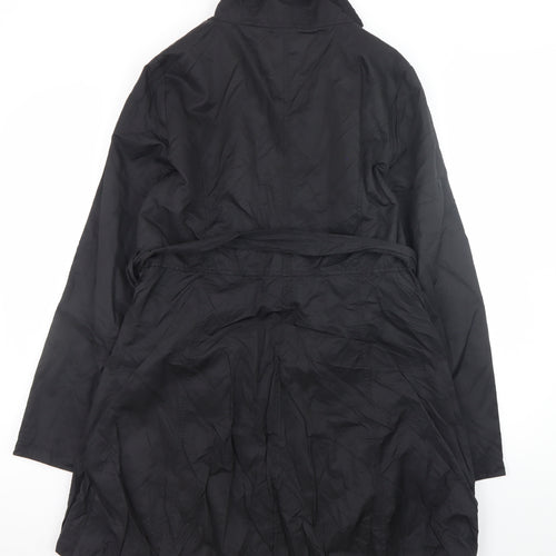 Wallis Women’s Black Long Trench Coat Size 14 Belted Zip Cotton Blend