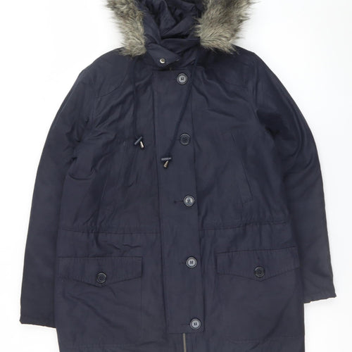 Great Plains Women's Blue Hooded Parka Coat M Faux Fur Trim Winter